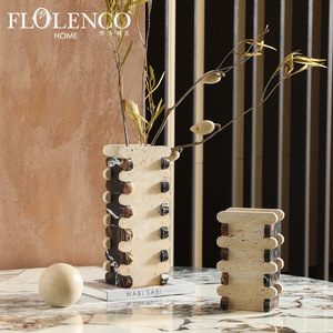 Natural Travertine Tenon Joint Vases Interlocking Stone Beige Travertine Black Marble Geometric Vases