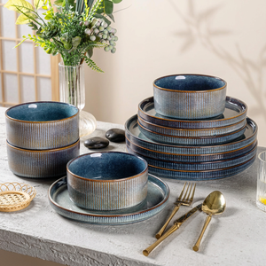 EKA 12 Pcs Luxury OEM/ODM Customized Tableware Set Reactive Glaze Ceramic Stoneware Dinner Set Bowls and Plates Sets