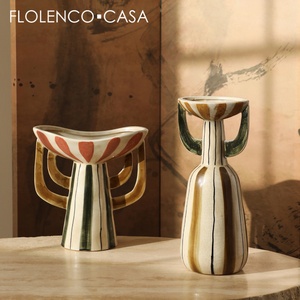 FLOLENCO CASA Mid-Century Modern Ceramic Vase Hand-Painted Striped Abstract Vases For Wabi-Sabi Home Decor
