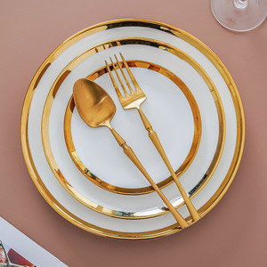 Luxury White Ceramic Dinner Plate with Hand-Painted Gold Rim